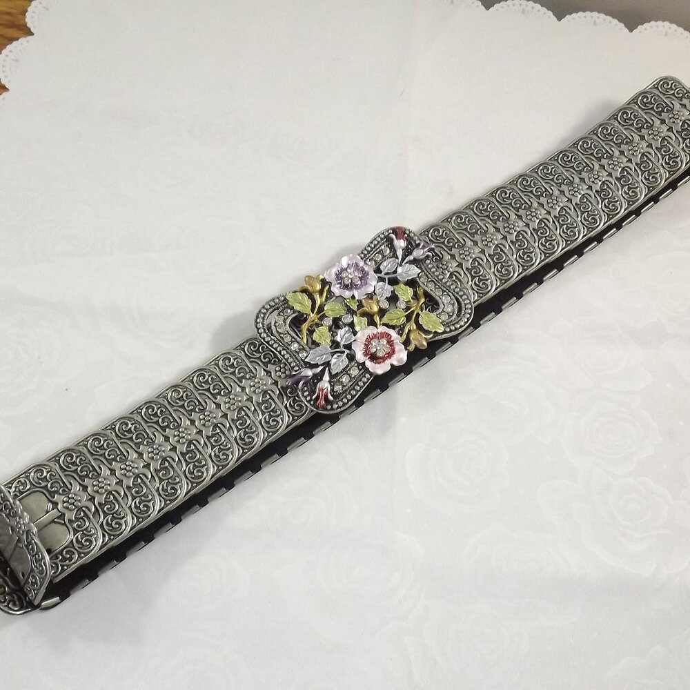 Silver Metal Stretch Belt with Green and Pastel Floral Pattern Belt Buckle
